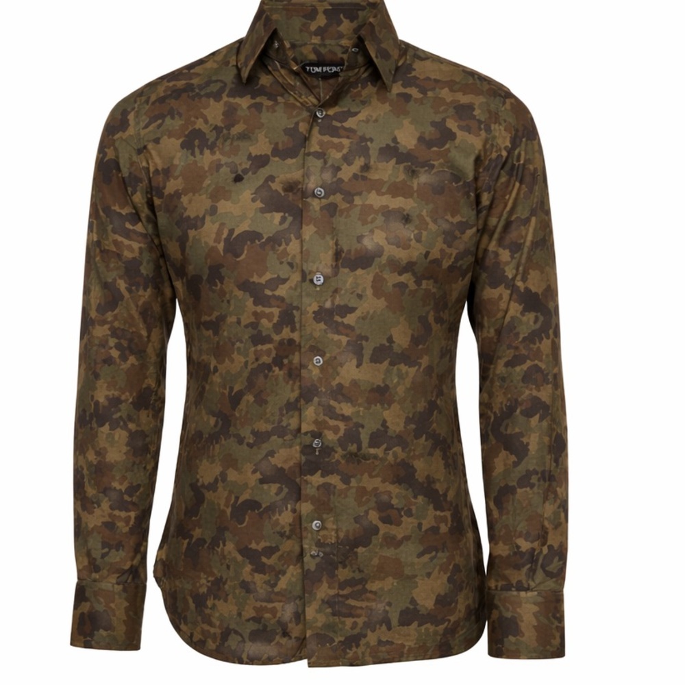 Tom Ford Men's Camo Print Button-Down Shirt in Olive and Brown